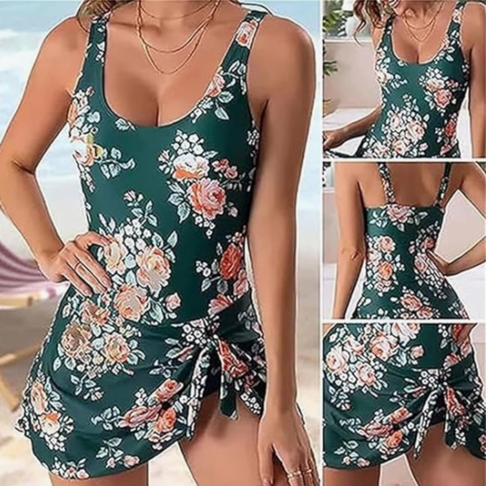 NEW - WOMEN Tummy Control One Piece Swimsuit with Knotted Skirt, Floral Print| M